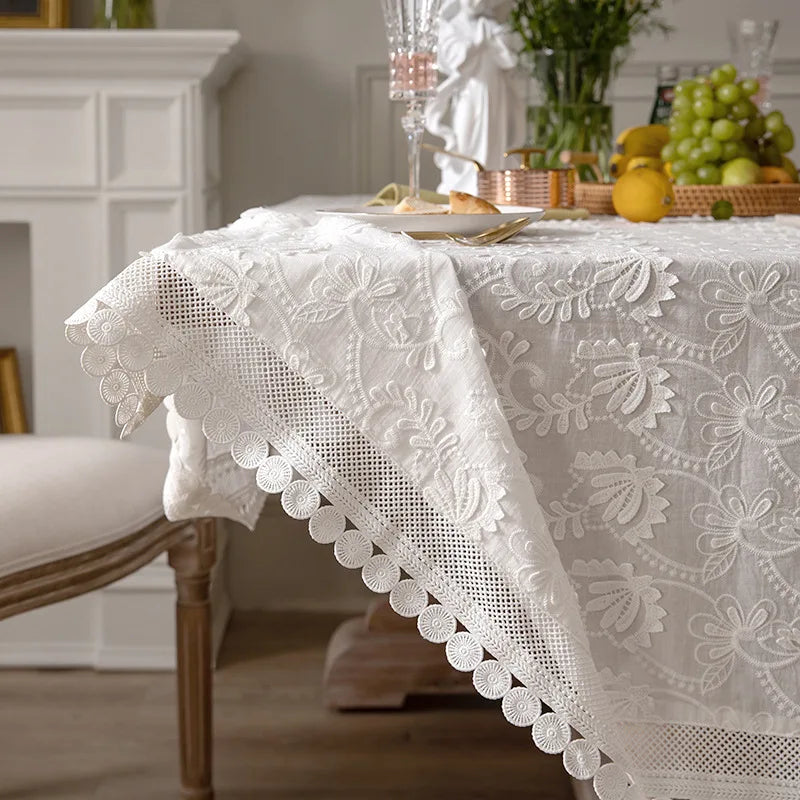 Luxury Lace Tablecloth For Living Room Bedroom Cover Table Party Table Cloth American White Embroider Table Decoration