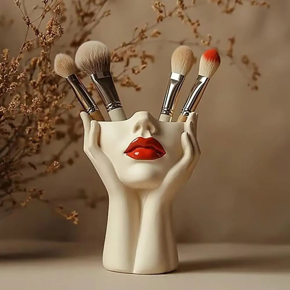 Feminino contorno design caneta titular artesanal artístico forma feminina cabeça vaso de maquiagem escova titular elegante rosto vaso decoração