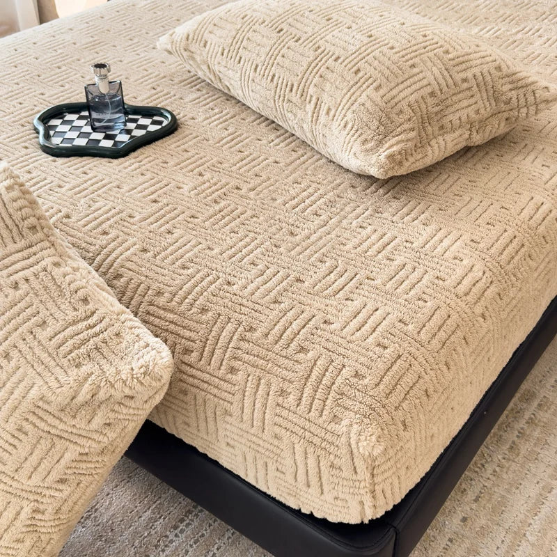Inverno em relevo de pelúcia lençol macio quente coral veludo colchão protetor capa queen size bolso profundo elástico conjunto folha