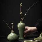 Vaso de cerâmica verde elegante, ornamentos, utensílios de flores secas, vaso de cerâmica vintage, cerâmica suave para decoração de mesa e detalhes de casa