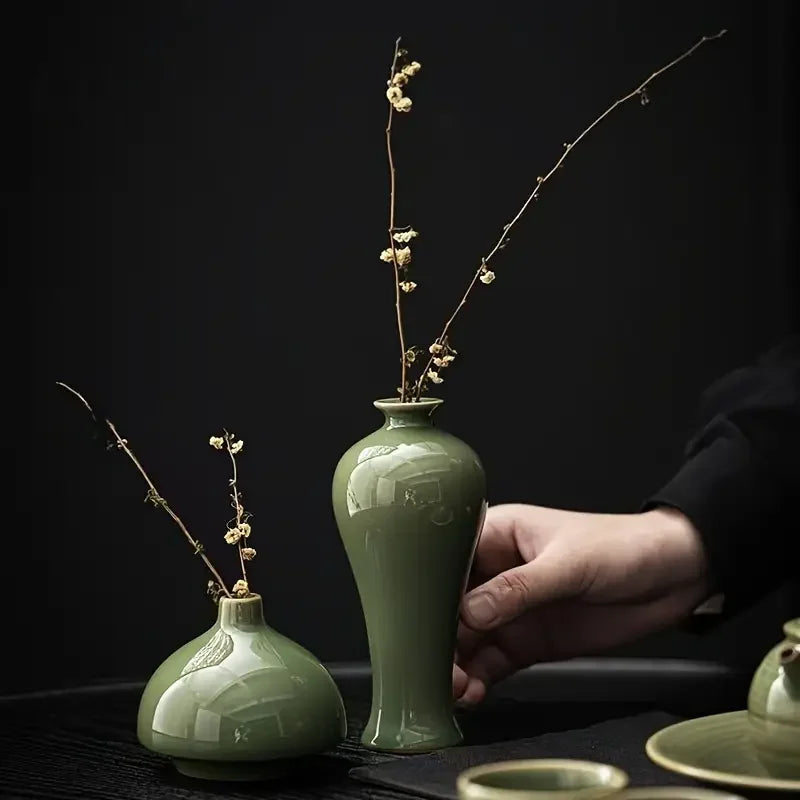 Vaso de cerâmica verde elegante, ornamentos, utensílios de flores secas, vaso de cerâmica vintage, cerâmica suave para decoração de mesa e detalhes de casa
