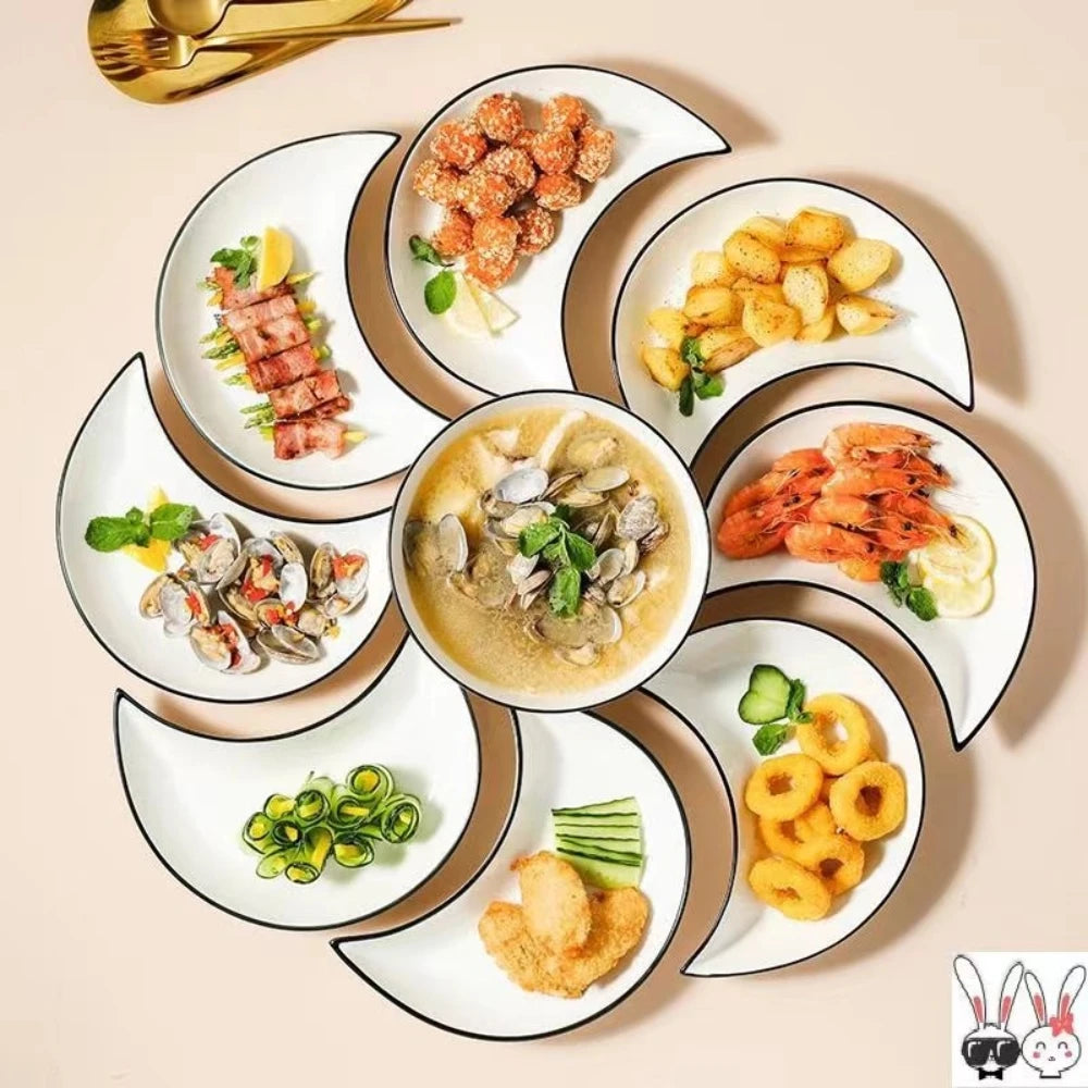 Conjunto de louça de cerâmica para reunião, 5 peças, formato de lua, prato quente, combinação flexível de pratos de acordo com o consumo de alimentos
