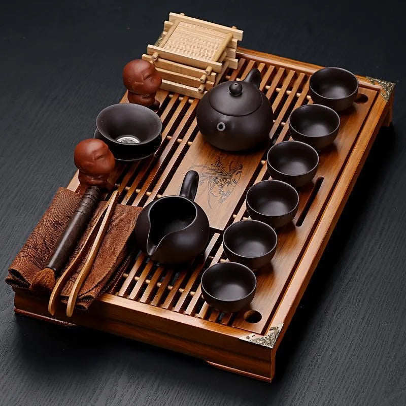 Venda quente Yixing cerâmica kung fu conjunto de chá bandeja de chá de madeira maciça bule 27 peças terno de chá cerimônia de chá chinês