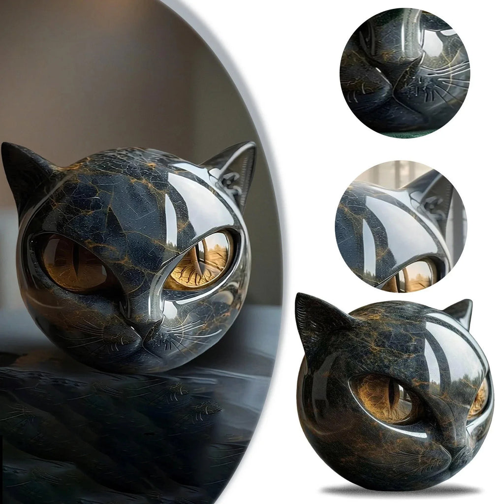 Estatueta decorativa de pedra de gato preto, resina, cabeça de gato, pedra de cura, textura de mármore, pedra de gato, presente, mesa de escritório, decoração de gatos