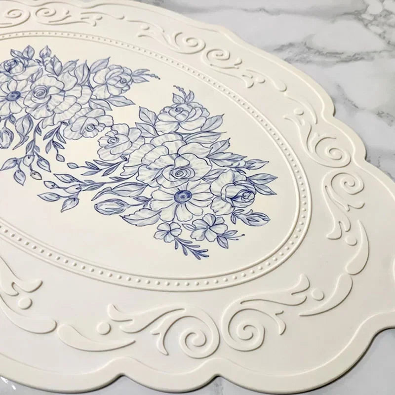 Tapete de jantar esculpido em silicone, padrão retrô, tapete de mesa floral para mesa de jantar, cozinha, café, utensílios de mesa, à prova d'água