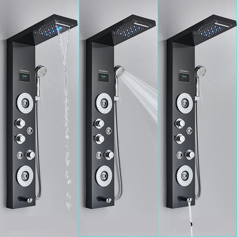 Painel de chuveiro led sistema torre chuva cachoeira coluna chuveiro com spa massagem temperatura tela baignoira misturador água torneira conjunto