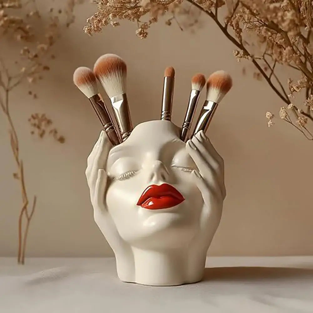 Feminino contorno design caneta titular artesanal artístico forma feminina cabeça vaso de maquiagem escova titular elegante rosto vaso decoração
