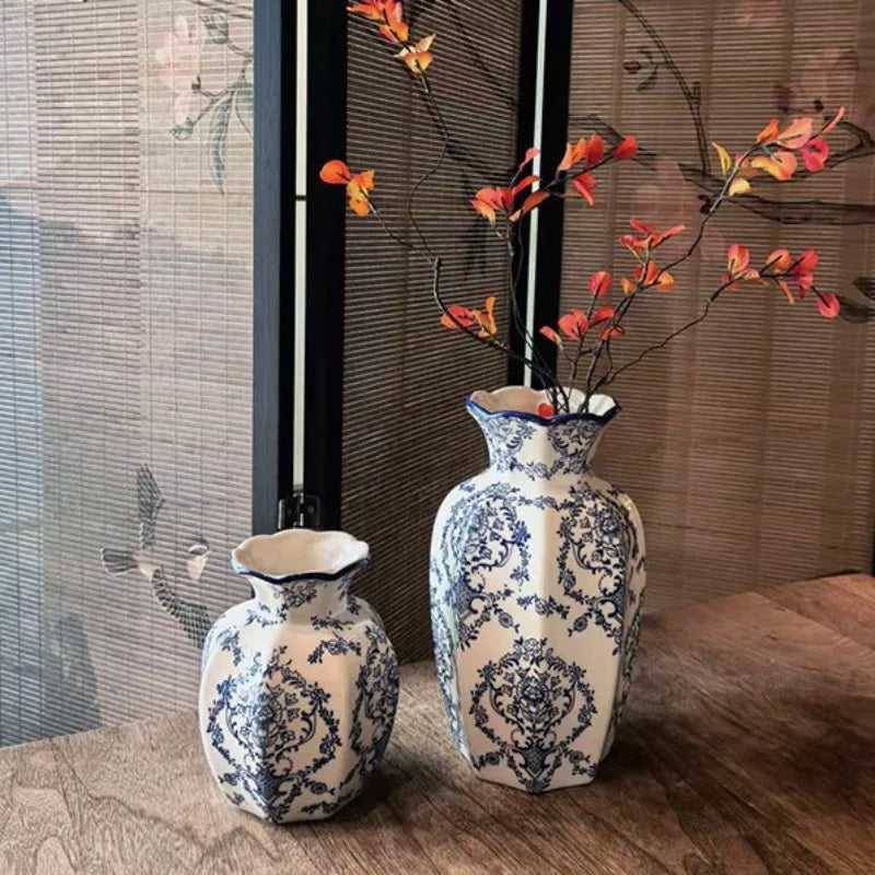 Vaso de porcelana azul e branco pintado à mão, decoração elegante para casa, sala de estar, entrada, desktop, arranjo de flores, exibição, 1 peça