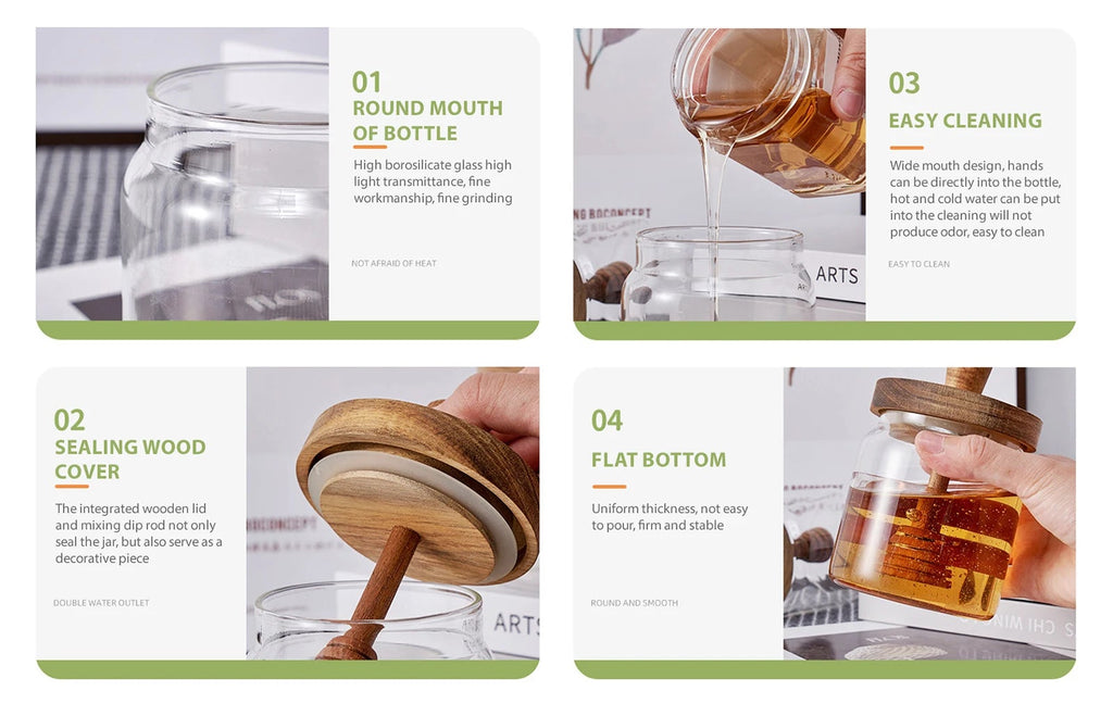 Glass Storage Bottles Honey Jars with Dipper and Lid Wide Mouth Honey Containers Syrup Dispenser for Storing Honey and Syrup