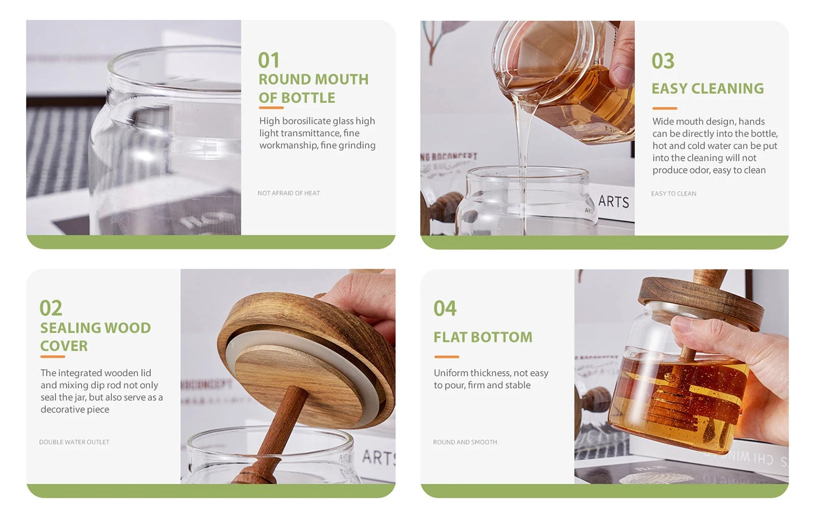 Glass Storage Bottles Honey Jars with Dipper and Lid Wide Mouth Honey Containers Syrup Dispenser for Storing Honey and Syrup