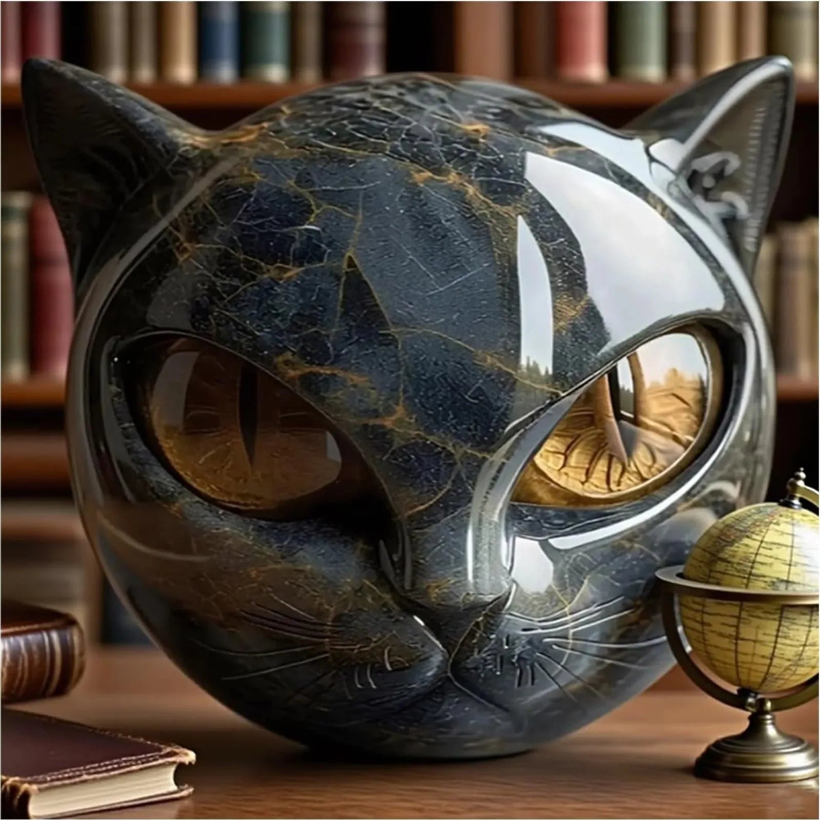 Estatueta decorativa de pedra de gato preto, resina, cabeça de gato, pedra de cura, textura de mármore, pedra de gato, presente, mesa de escritório, decoração de gatos