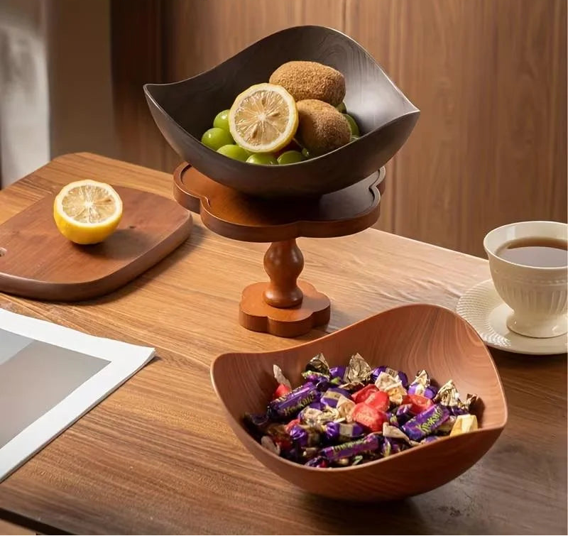 Bowl Grande de Plástico para Salada e Frutas, Adequado para Festas e Reuniões. Recipiente para Doces, Acabamento em Madeira