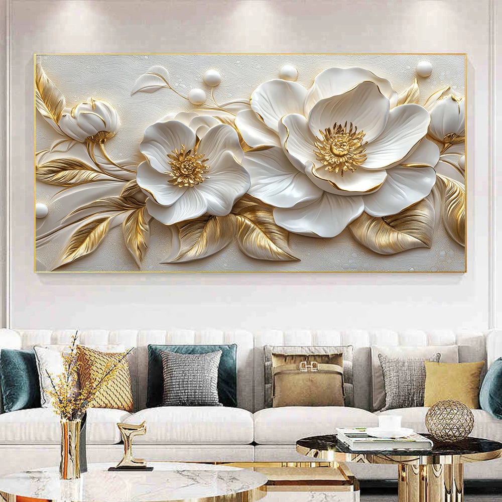 Quadro Floral Branco com Folhagens Douradas