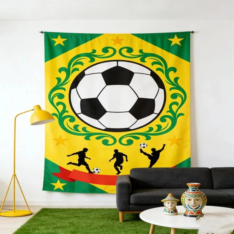 1 peça Tapeçaria de Futebol do Brasil com Padrão de Silhueta de Jogador e Bola de Futebol, Tecido de Parede com Estampa Plana, Decoração Esportiva para Casa para Fãs Brasileiros