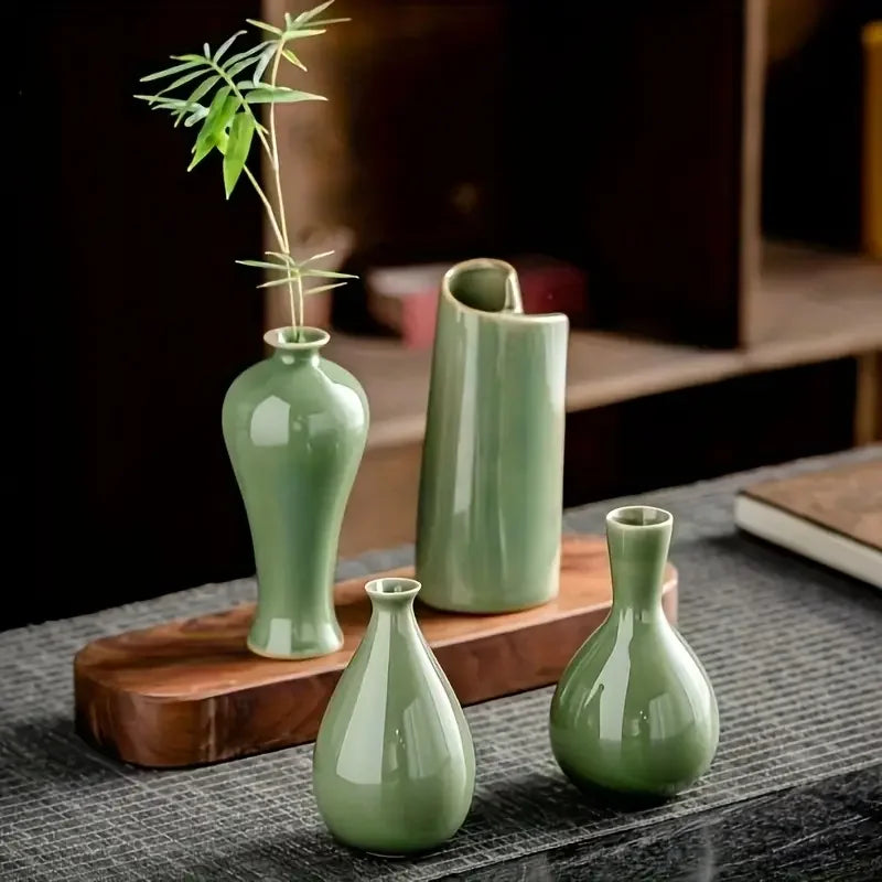 Vaso de cerâmica verde elegante, ornamentos, utensílios de flores secas, vaso de cerâmica vintage, cerâmica suave para decoração de mesa e detalhes de casa