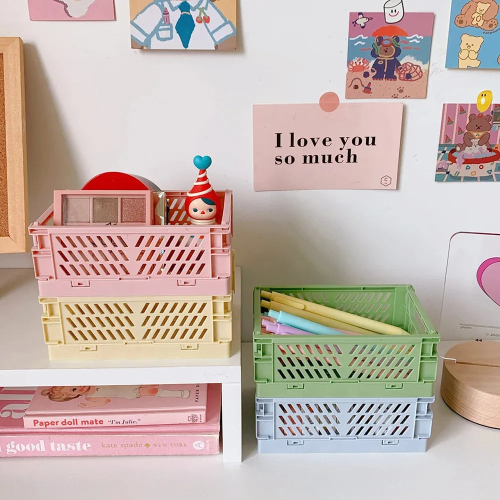 6 Color Organizing Storage Baskets Case Folding Student Desktop Basket Tape Stationery Plastic Foldable Container Storage Box