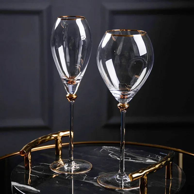 Luxury Gold-Rimmed Crystal Champagne & Wine Glasses - Elegant Stemware for Dining Table Clubs Display Rooms Decorative Glassware
