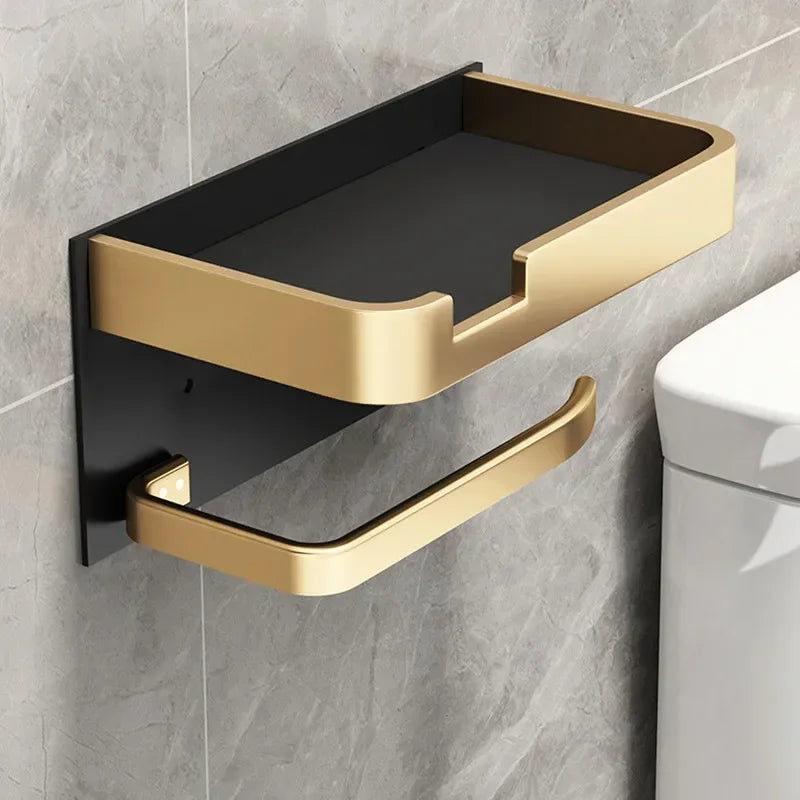 Preto ouro suporte de papel higiênico montagem na parede do banheiro multifuncional wc papel suporte do telefone prateleira rolo toalha prateleira acessórios