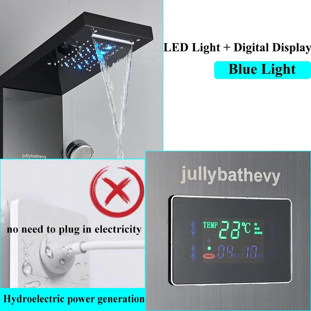 Painel de chuveiro led sistema torre chuva cachoeira coluna chuveiro com spa massagem temperatura tela baignoira misturador água torneira conjunto