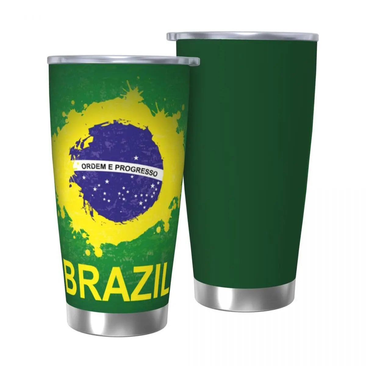 Copo de aço inoxidável com bandeira do Brasil, caneca isolada a vácuo, copos térmicos frios, canudos com tampa, 20 onças