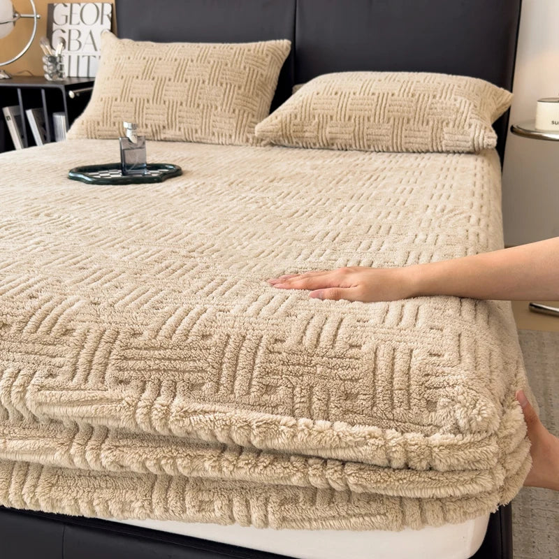 Inverno em relevo de pelúcia lençol macio quente coral veludo colchão protetor capa queen size bolso profundo elástico conjunto folha