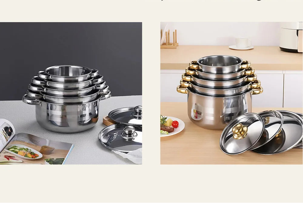 Conjunto de panela de sopa, panela de aço inoxidável, panela de ensopado de aço inoxidável, 5 panelas + 5 tampas, adequado para fogões de indução e fogões a gás