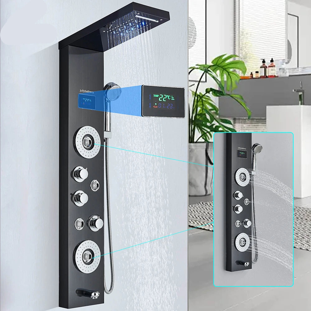 Painel de chuveiro led sistema torre chuva cachoeira coluna chuveiro com spa massagem temperatura tela baignoira misturador água torneira conjunto