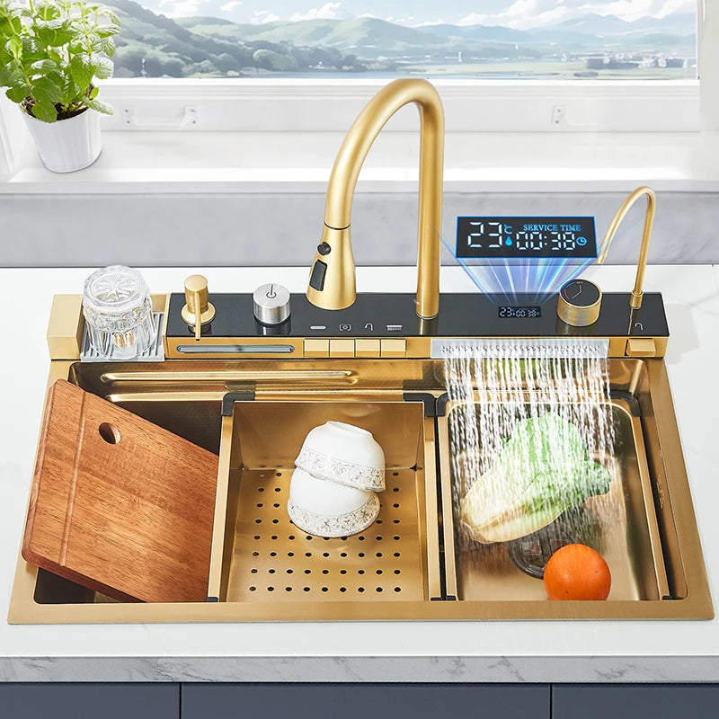 Pia de cozinha de aço inoxidável com torneira 75*45cm grande tigela única display digital pia cascata torneiras quentes e frias