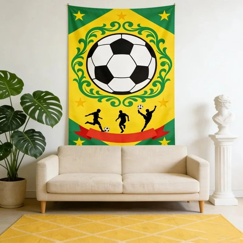 1 peça Tapeçaria de Futebol do Brasil com Padrão de Silhueta de Jogador e Bola de Futebol, Tecido de Parede com Estampa Plana, Decoração Esportiva para Casa para Fãs Brasileiros