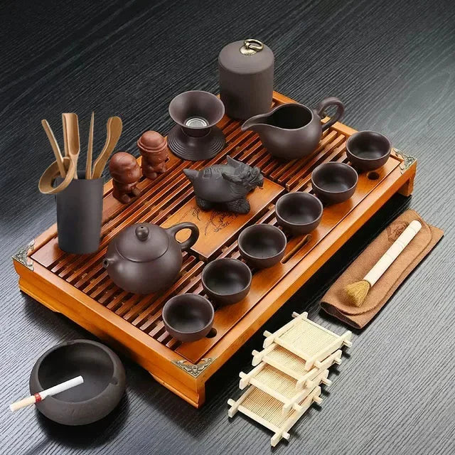 Venda quente Yixing cerâmica kung fu conjunto de chá bandeja de chá de madeira maciça bule 27 peças terno de chá cerimônia de chá chinês