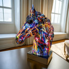Estatueta colorida de cabeça de cavalo graffiti, arte em resina de cabeça de cavalo, artesanato moderno, escultura de cavalo para sucesso para casa/escritório