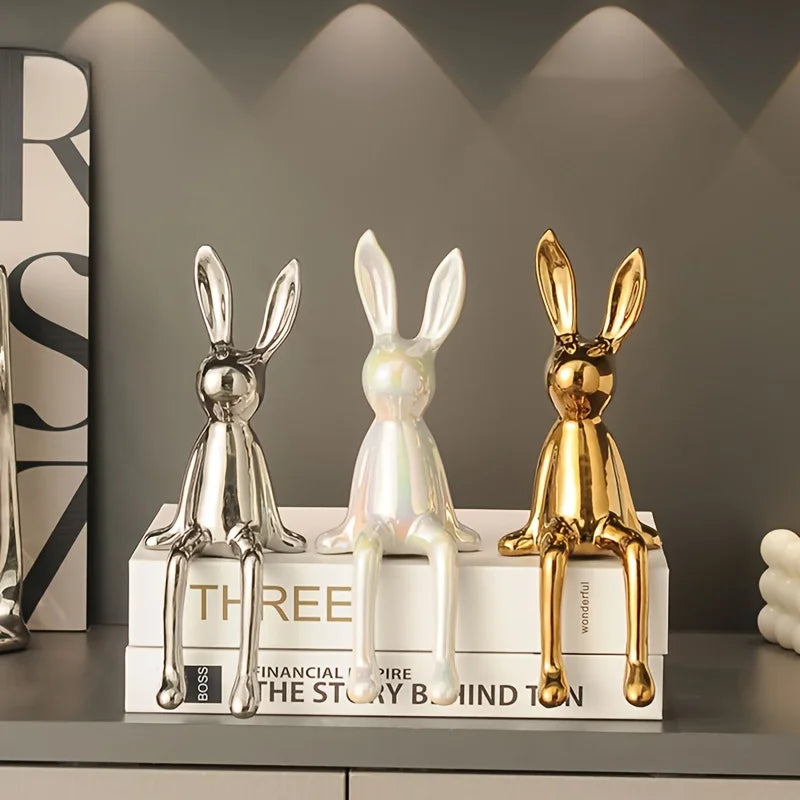 1 pçs cerâmica orelhas compridas sentado coelho quarto ornamentos estátua de luxo acessórios de decoração para casa high-end arte estética