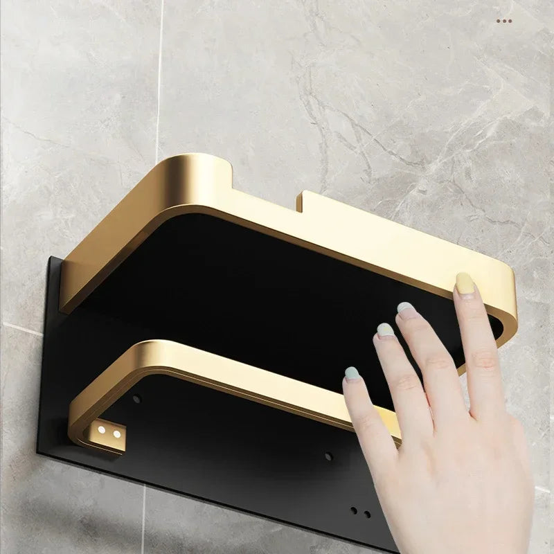 Preto ouro suporte de papel higiênico montagem na parede do banheiro multifuncional wc papel suporte do telefone prateleira rolo toalha prateleira acessórios