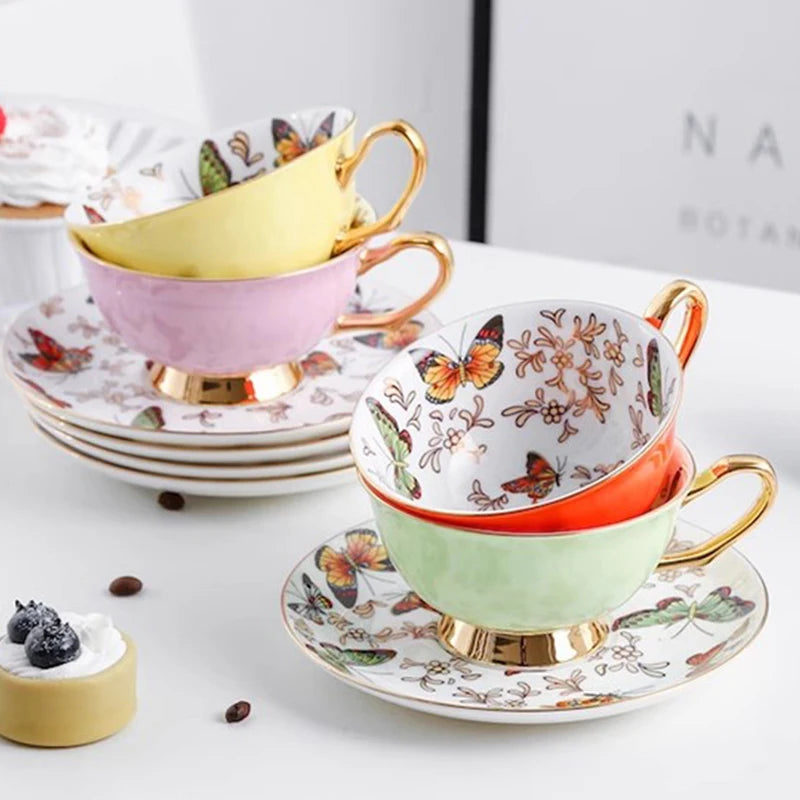 220ml, conjunto de xícara de chá de porcelana de osso fino com pires, design de borboleta colorida tasse uma xícara de cerâmica de café, pires de xícara de café expresso.