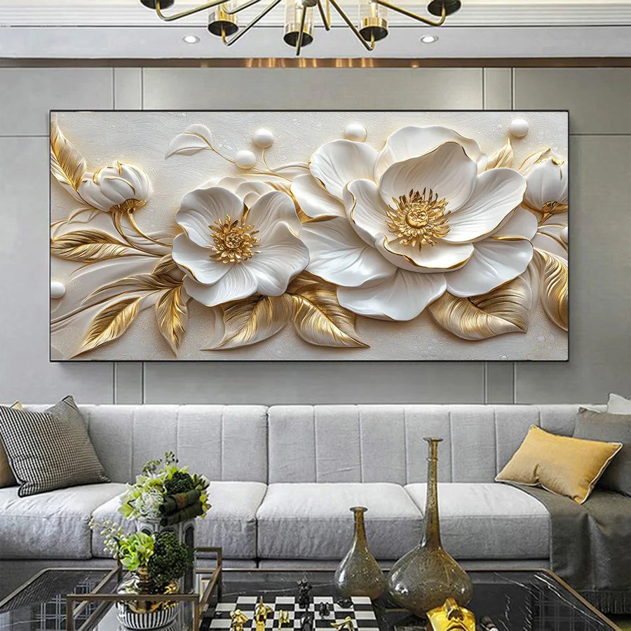 Quadro Floral Branco com Folhagens Douradas