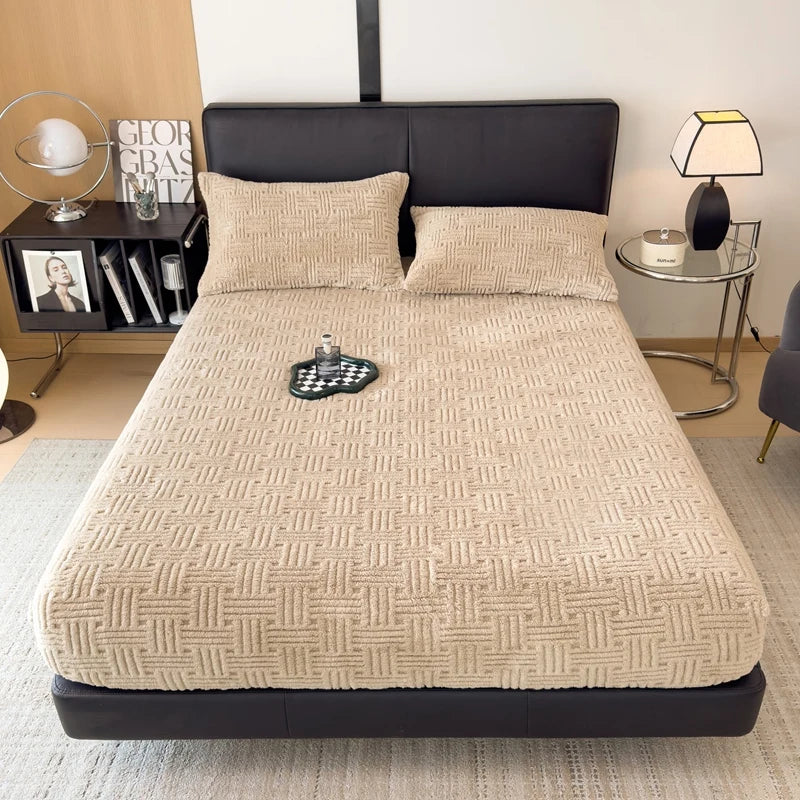 Inverno em relevo de pelúcia lençol macio quente coral veludo colchão protetor capa queen size bolso profundo elástico conjunto folha