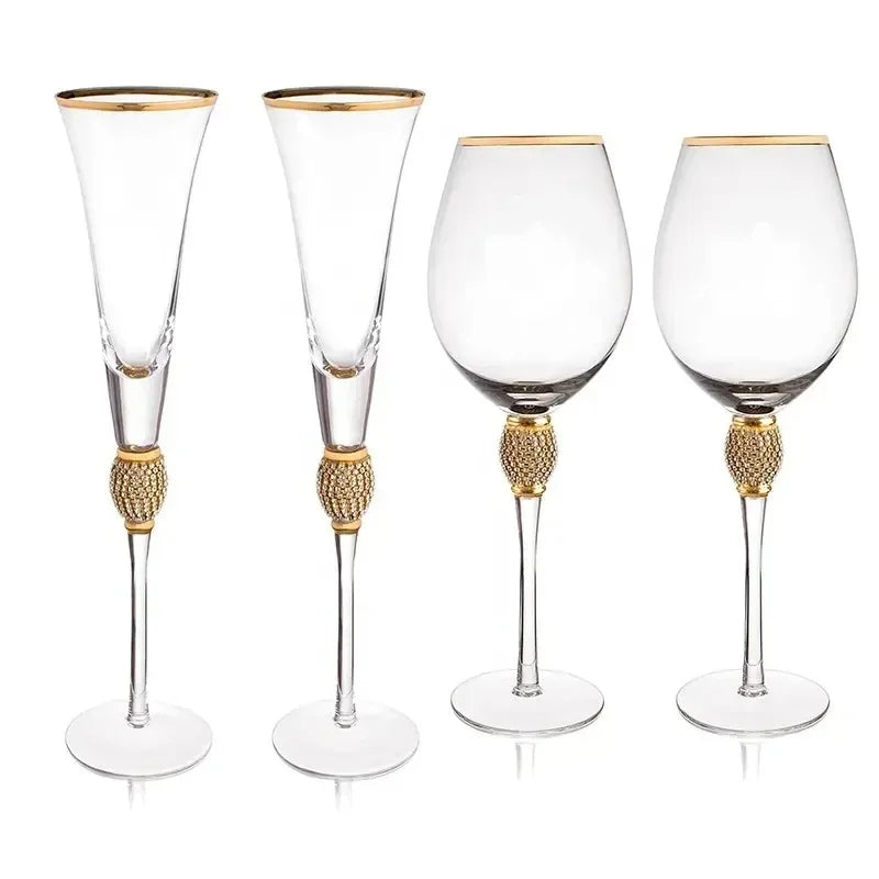 2Pcs Crystal Gold Rimmed Wine Glasses Set Elegant Rhinestone Diamond Decorative Long Stem Champagne Flutes Cocktail Glass Gifts