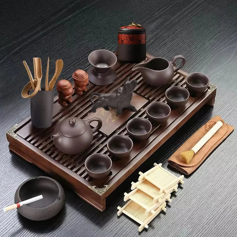 Conjunto de Chá Kung Fu Yixing com Bandeja de Madeira