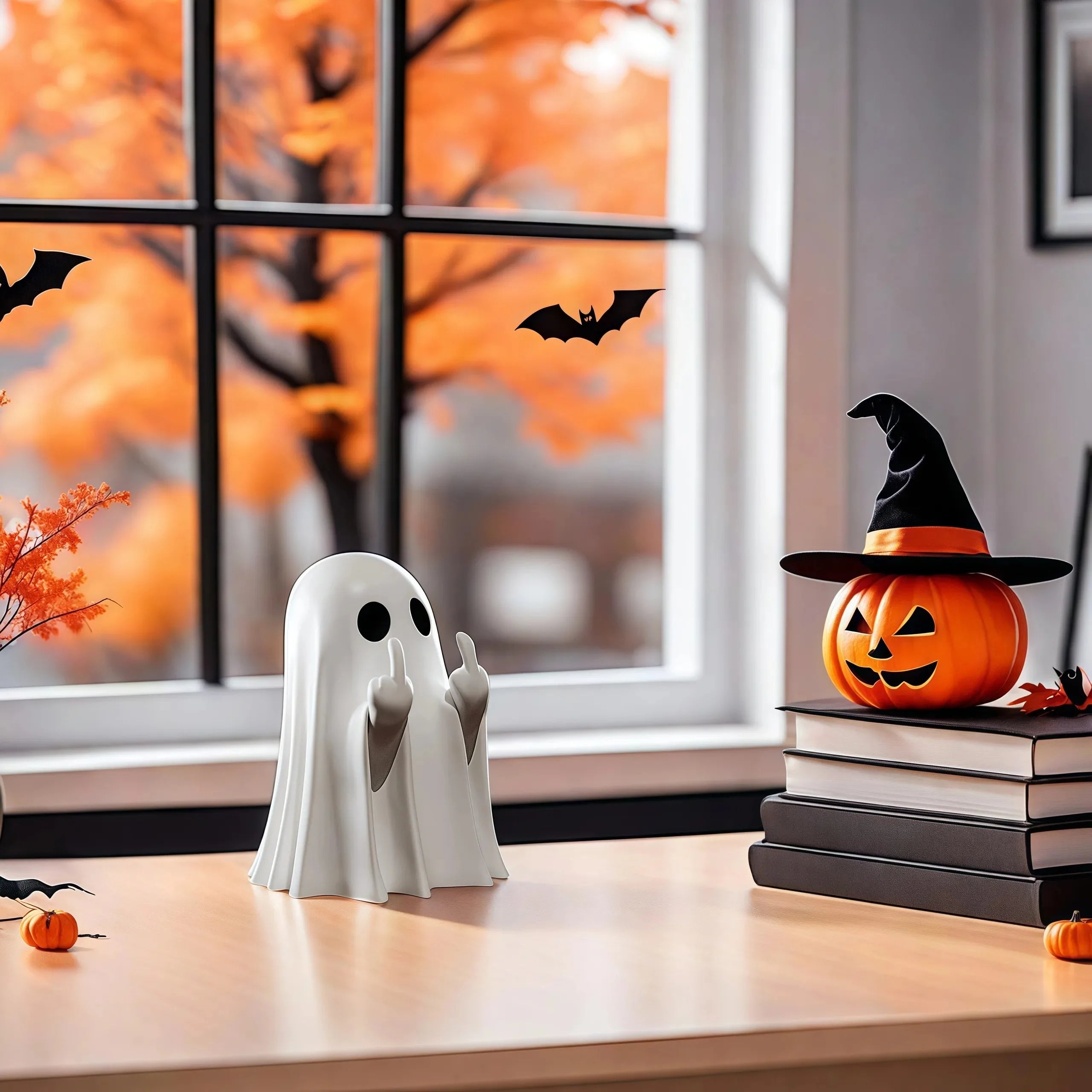 Estátua de fantasma fofa de dedo médio, estatuetas de fantasmas pequenas e assustadoras, decorações para casa de Halloween, prateleira de peças centrais de mesa de centro