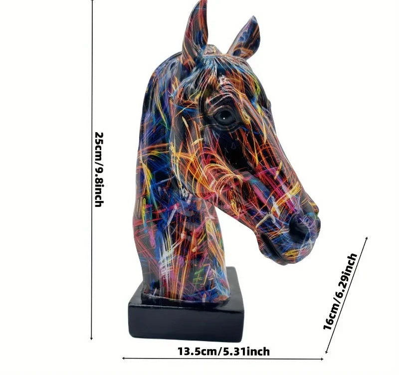 Estatueta colorida de cabeça de cavalo graffiti, arte em resina de cabeça de cavalo, artesanato moderno, escultura de cavalo para sucesso para casa/escritório