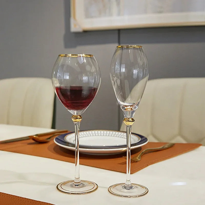 Luxury Gold-Rimmed Crystal Champagne & Wine Glasses - Elegant Stemware for Dining Table Clubs Display Rooms Decorative Glassware