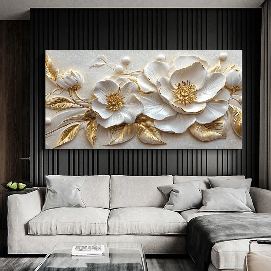 Quadro Floral Branco com Folhagens Douradas