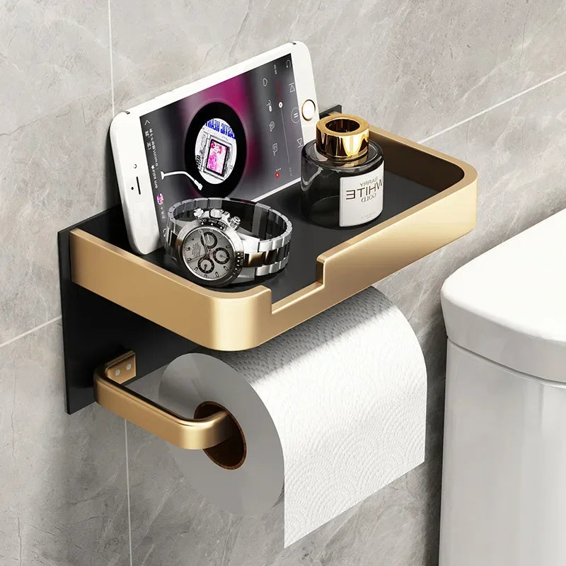 Preto ouro suporte de papel higiênico montagem na parede do banheiro multifuncional wc papel suporte do telefone prateleira rolo toalha prateleira acessórios
