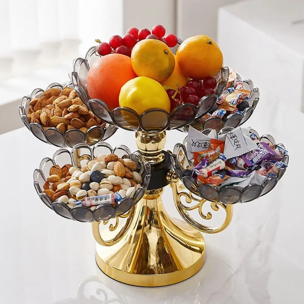 Tigela de frutas para animais de estimação, luz rotativa, suporte de prato de frutas de luxo com 5 tigelas, lanche, sobremesa, sala de estar