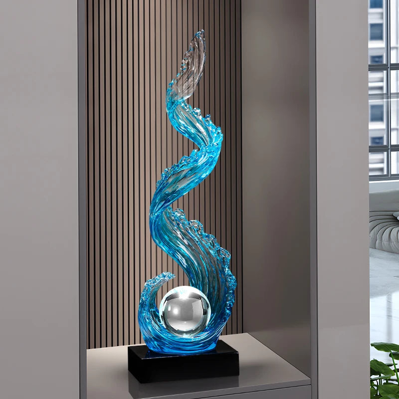Decoração de casa decorações de subindo de vento e água, escultura de resina azul luxo sala de estar entrada decoração de arte vertical personalizada