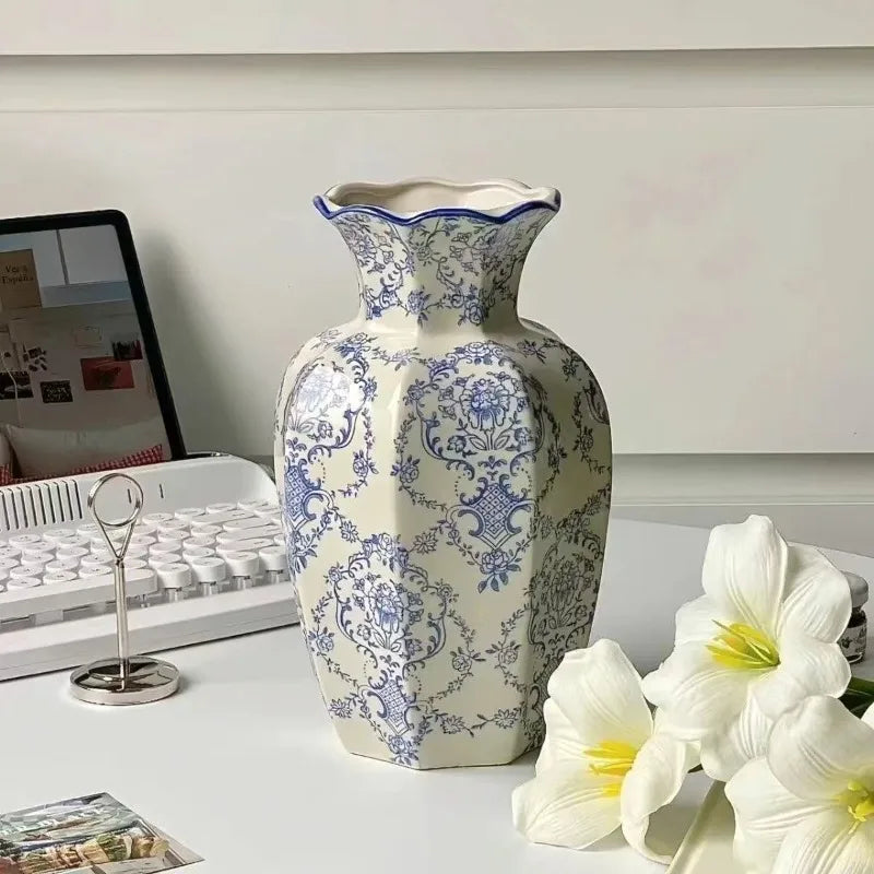 Vaso de porcelana azul e branco pintado à mão, decoração elegante para casa, sala de estar, entrada, desktop, arranjo de flores, exibição, 1 peça