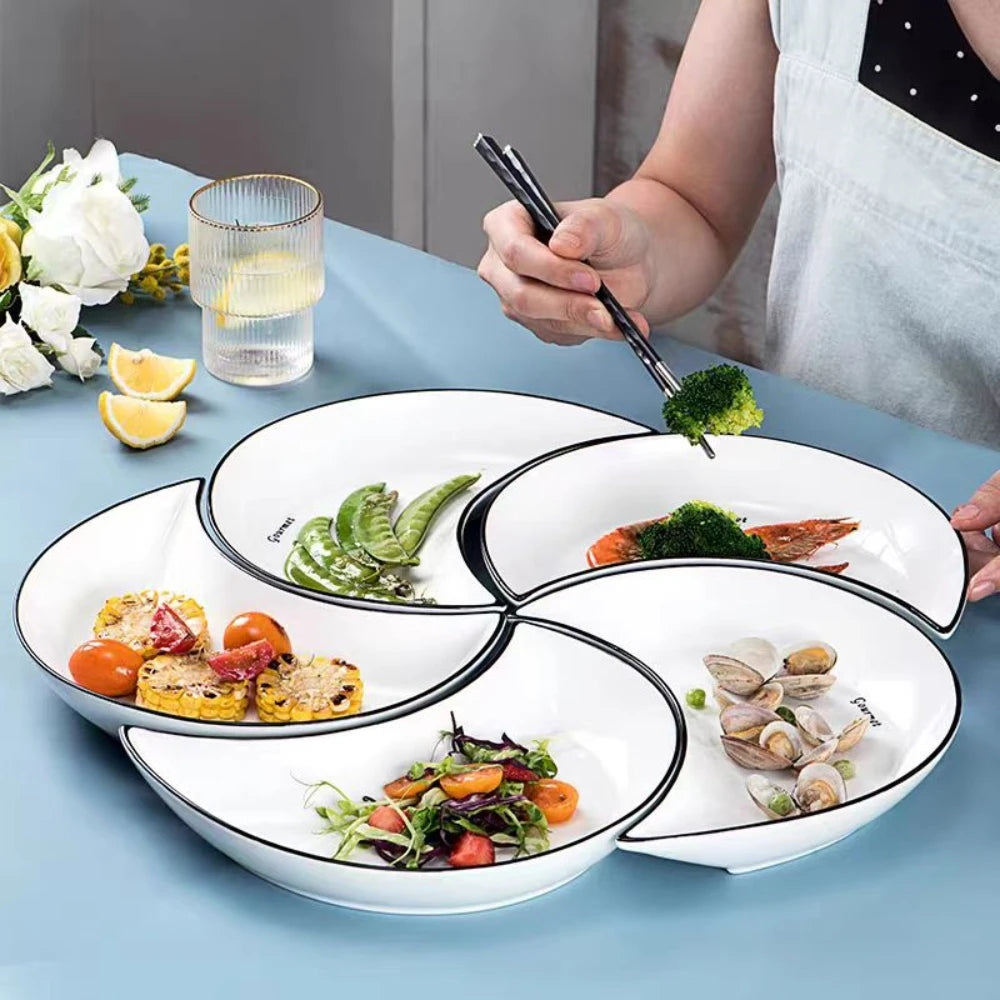 Conjunto de louça de cerâmica para reunião, 5 peças, formato de lua, prato quente, combinação flexível de pratos de acordo com o consumo de alimentos