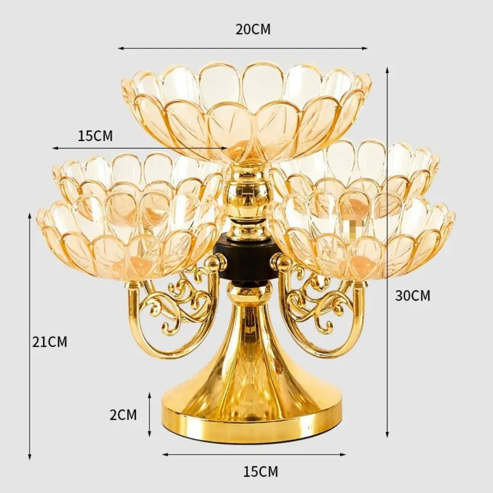 Tigela de frutas para animais de estimação, luz rotativa, suporte de prato de frutas de luxo com 5 tigelas, lanche, sobremesa, sala de estar
