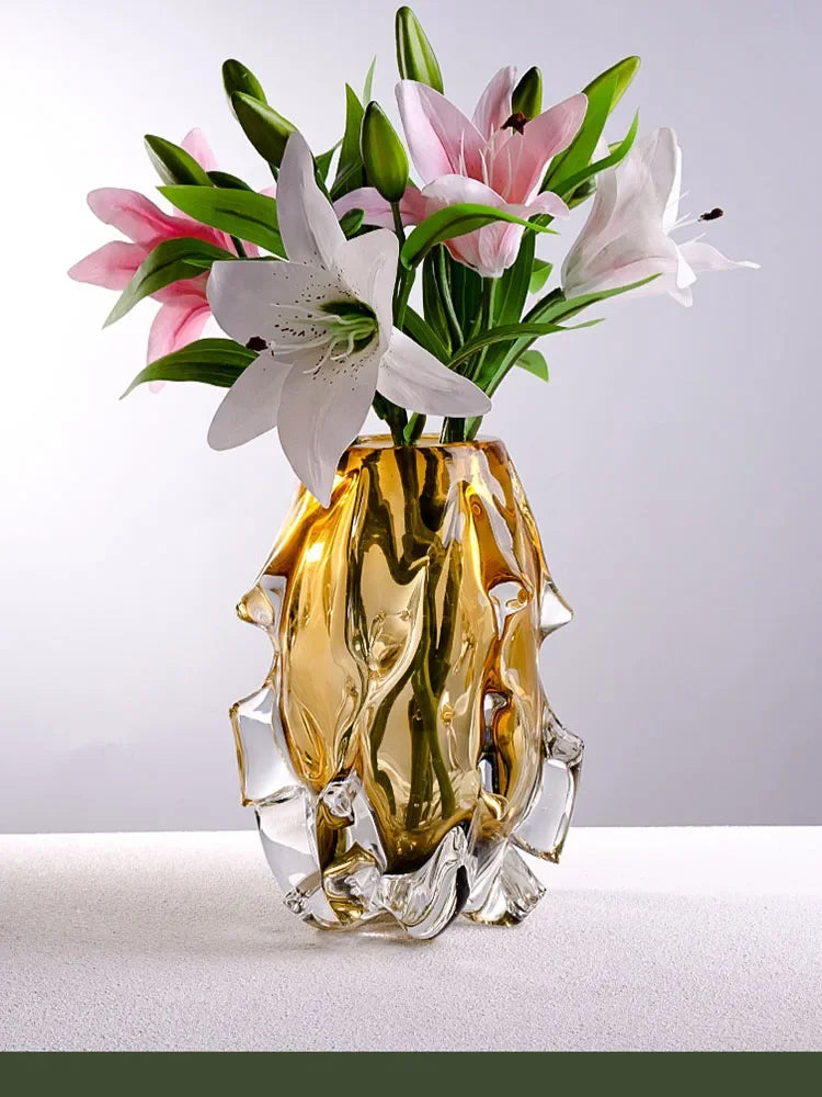 Jarrón luz luxo criativo vaso de vidro cristal transpant amarelo irregular vasos de flores decoração hogar ornamento mesa