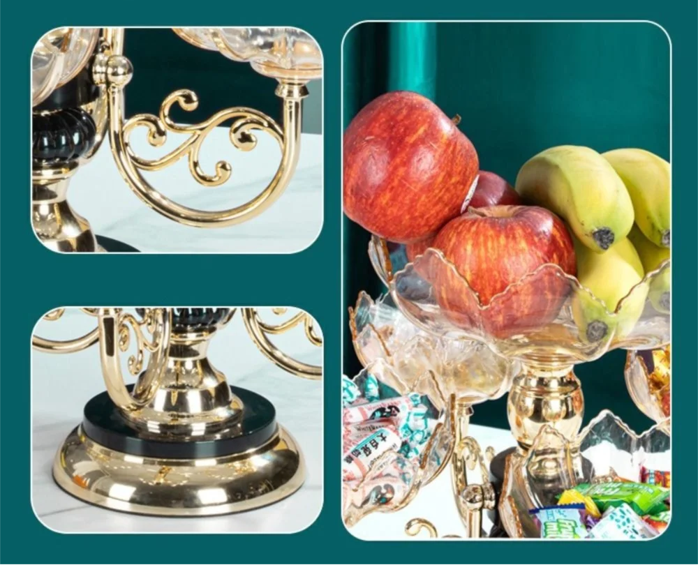 Tigela de frutas para animais de estimação, luz rotativa, suporte de prato de frutas de luxo com 5 tigelas, lanche, sobremesa, sala de estar